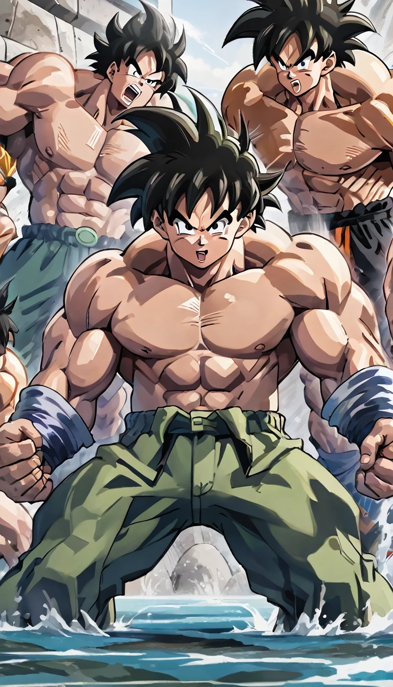 Highest quality,8k,Intricate details,Detailed,Goten,Little,Huge erect penis,Huge muscles,Ejaculate,Orgy