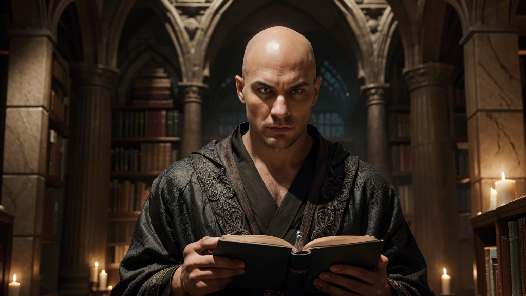 A formidable dark fantasy wizard with a lean, defined build and deep, olive-toned skin. His face is sharp and angular, with high cheekbones and a strong, prominent jawline. His piercing blue eyes, set under thick, arched eyebrows, exude both wisdom and intensity. He has a straight nose and full lips that are often set in a serious expression. He is bald. he has a short goatee that reaches up to his cheeks He wears an elaborate robe adorned with intricate silver runes and dark, flowing shadows, standing in a mystical, ancient library surrounded by arcane artifacts and swirling dark energy.