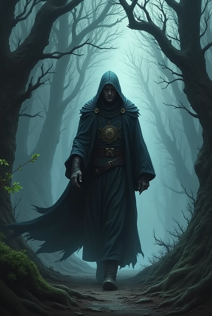 Show Elren dark elf wizard wandering the dark forest beyond Elfin, surrounded by twisted trees and menacing shadows. The environment is hostile and charged with a heavy and oppressive energy., reflecting Elren's state of mind. He continues his journey, determined to find more dark knowledge.