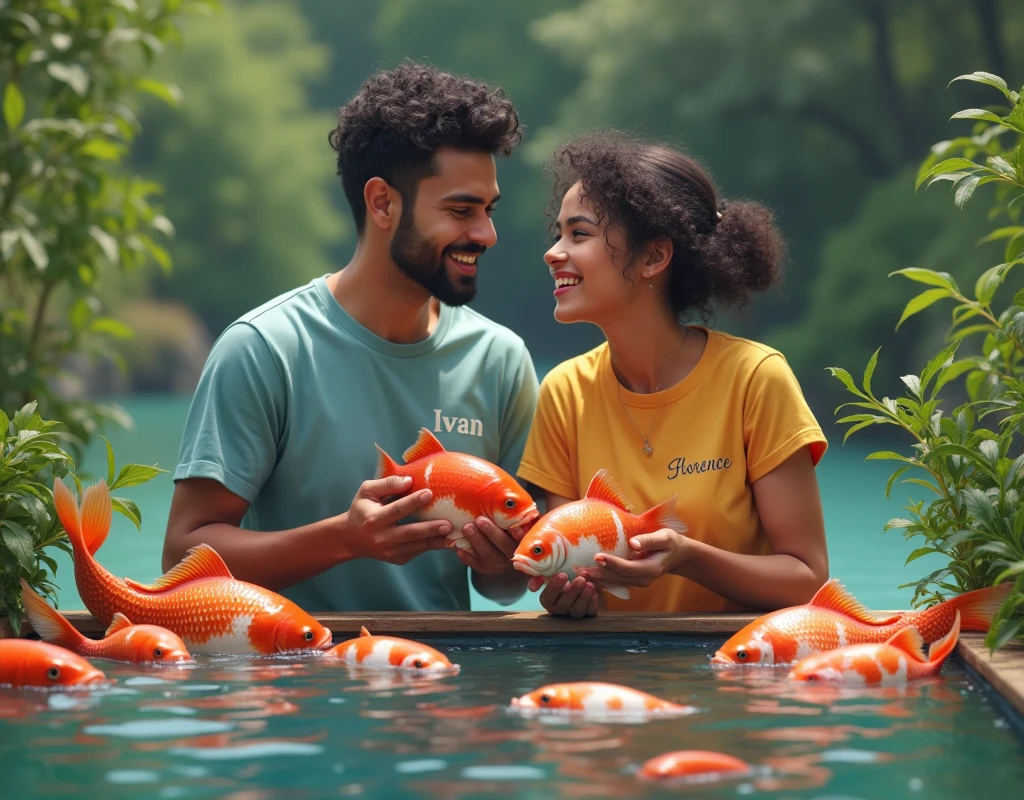 Un homme noir et son amoureux noir souriant entrain de travailler au bord d’un étang artificiel de poissons piscicole avec des gros poisson à la main
Nous pouvons voir le mot Ivan sur le t-shirt de l’homme et Florence sur le t-shirt de la femme