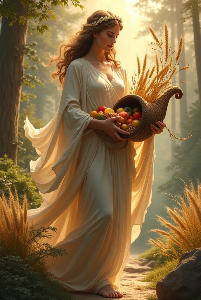Tyche, Greek mythology goddess of fortune, in her arms she holds a cornucopia, and wheat branches, high quality image