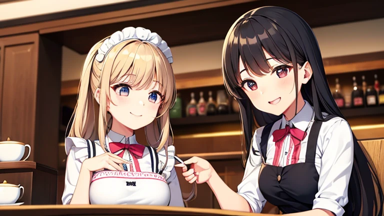 In the maid café、Please draw an illustration of a smiling woman in a maid uniform serving tea to a customer.。The woman has a gentle expression、I enjoy talking to customers。In the background、The interior of the store is depicted with counters and decorations.。