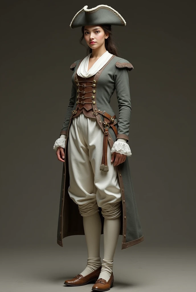 A 1.5 meters tall girl in her 20s wearing: wide knee-lenght breeches, white hoses, a military grey justacorps bove a waistcoat, buckled leather shoes, white gaiters on top and a military tricorn hat