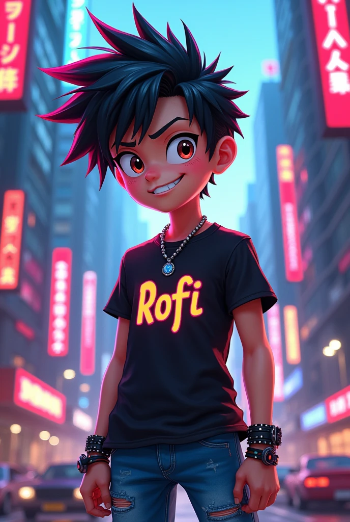 Cyberpunk style animated boy with the name ROFI written on his t-shirt is snotty