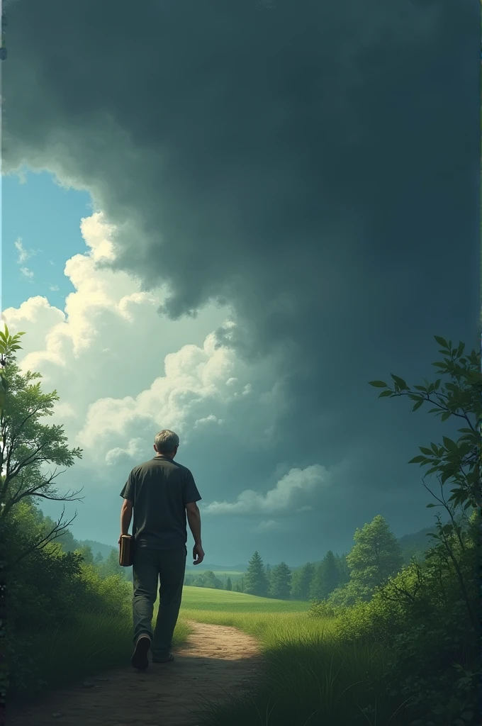 Tranquil nature, sky with thick black clouds, a teacher walking back in a depressed mood, book in hand