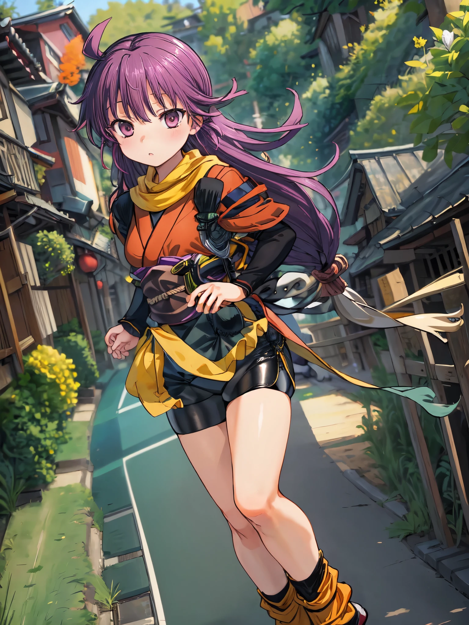 masterpiece, Highest quality, Perfect Face, Highest Resolution, Highest quality, 1 girl, account statement, Long hair tied low, balck spats(Bike Shorts), Yellow scarf, Red kimono, Perfect Anatomy, Japanese Village, field