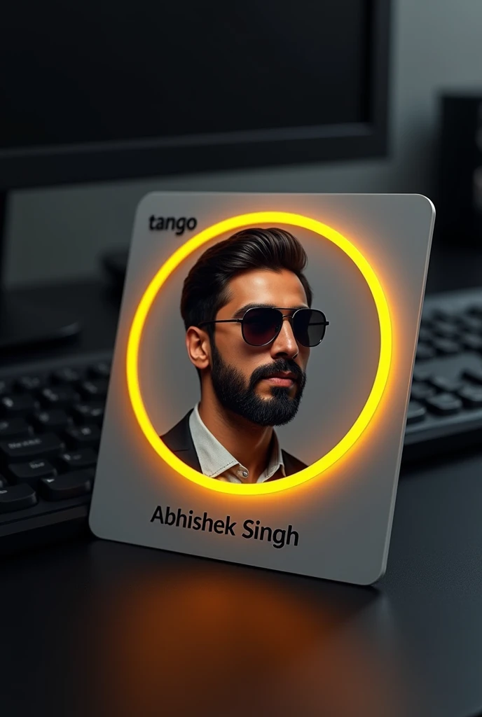 create a tango profile on glass id card on a black desk displaying Tango logo and realistic profile photo of a boy with beard with sunglasses in circle and "ABHISHEK SINGH" is written in bold fonts under the profile photo, the Tango card is glowing in yellow color on the edge.
