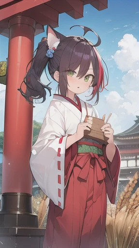 (((scrawny))),((Wheat skin)),(((tall))),tanlines,(side ponytail,ahoge,One eye is covered by hair,Green scrunchies),((Dark purple hair)),(fluorescent pink streaked hair),(Green Eyes),Cat Eyes,(Miko costume),Japanese Shrines