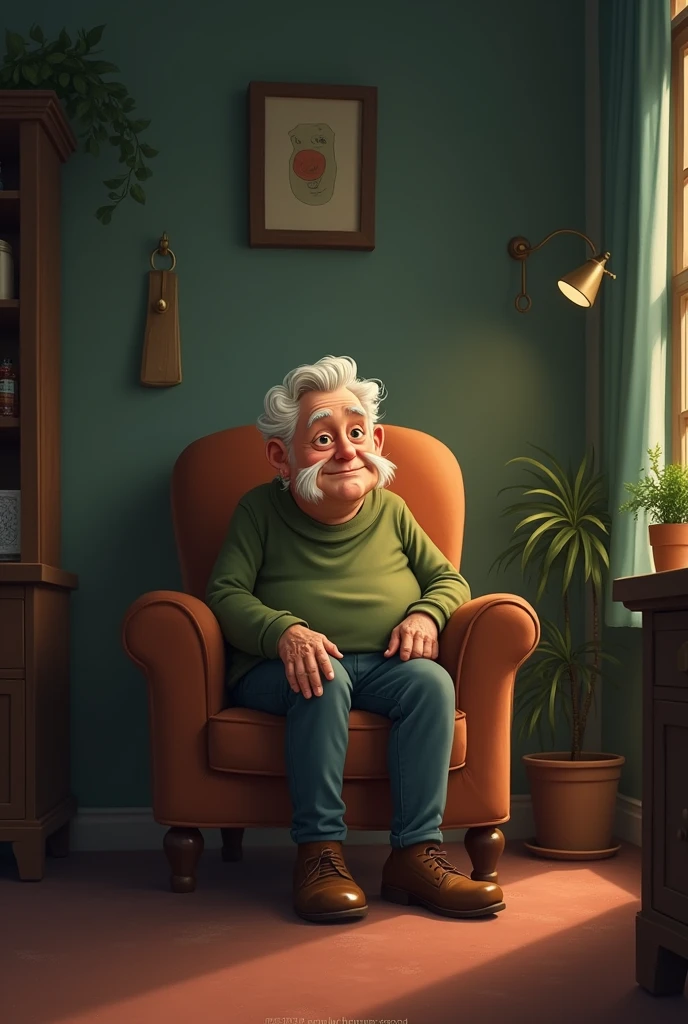 I want a picture of a cartoon guy from the old days with the wisdom of old characters sitting on a chair in a quiet room with low lighting