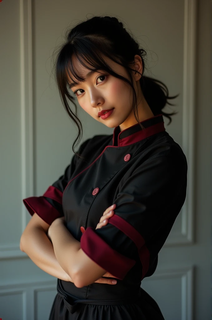 a 1. Alone. Her hair is black and tied. She wears a chef's black shirt with a red stripe. She wears a black waist apron with a white stripe. She hugs her body.she smile on camera.