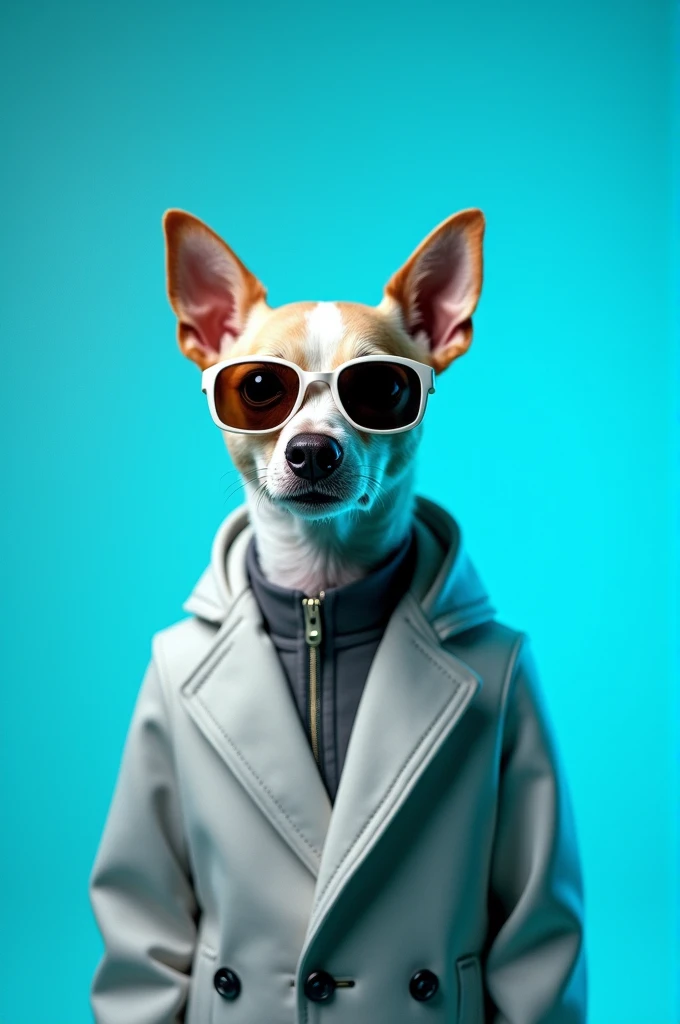 The best cell phone wallpaper, Award-Winning Wallpaper, portrait photography, In the front view is a portrait of a cute dog wearing mid-1960s space age fashion, Side view photo, Shot with Canon EOS R5, Set a strong contrast that accentuates the subject, Fluorescent blue tone, Wearing a very modern coat and sunglasses is a modern 1960s style, Clothes all in one color, beautiful background