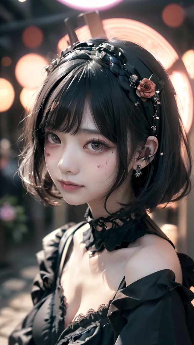 Surreal、A masterpiece of delicate and detailed line drawing、Highest quality、Highest quality、(One Woman、、(Big Breasts:1.3), (Big Ass:1.3)、(Black Hair、Hime cut, short hair:1.2)、(Natural Makeup、Eyelash extensions、Draw eyelashes sharply、Eyebrows are thin and short、Deep orange blush:1.1)、(Spaced out、Looks sleepy、Open your mouth、Slightly red cheeks:1.2)、(Simple black hair accessories、Gothic dress with exposed chest:1.3))、Dark Rose Gardens、Purple Rose、(Blur the background:1.3)、(Top view of the subject:1.1)、Photo from thigh up