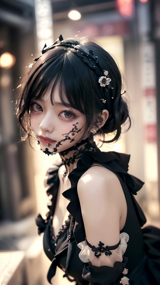 Surreal、A masterpiece of delicate and detailed line drawing、Highest quality、Highest quality、(One Woman、、(Big Breasts:1.3), (Big Ass:1.3)、(Black Hair、Hime cut, short hair:1.2)、(Natural Makeup、Eyelash extensions、Draw eyelashes sharply、Eyebrows are thin and short、Deep orange blush:1.1)、(Spaced out、Looks sleepy、Open your mouth、Slightly red cheeks:1.2)、(Simple black hair accessories、Gothic dress with exposed chest:1.3))、Dark Rose Gardens、Purple Rose、(Blur the background:1.3)、(Top view of the subject:1.1)、Photo from thigh up