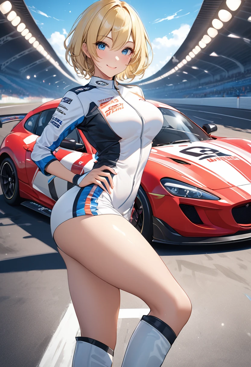 Highest quality, Great quality, 16K, Unbelievably absurd, Very detailed, 2.5D, delicate and dynamic,blue sky, Small face, Very delicate look, Delicate eye depiction, Very Fine Hair, Sexy Woman, Muscular, Height: 175cm, Blonde,Short Hair,Sexy long legs,Race Queen ,A sparkling smile、 派手なRace Queenのコスチューム,Tight Skirt, White Leather Long Boots, Auto Racing Track,Cinema Lighting, (Perfect glowing skin:0.6),Always high quality CG Unity 8K wallpapers