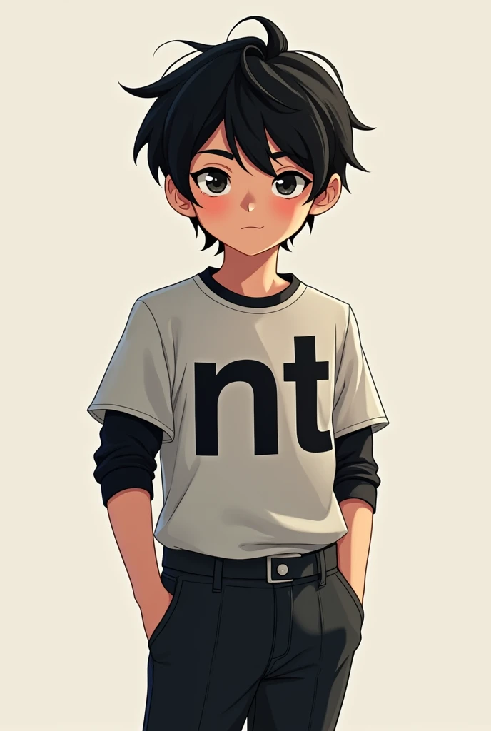 boy with black hair, wearing styles pant and shirt, on his shirt "NT" letter with capital