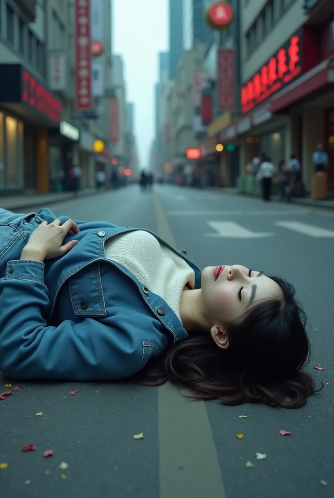 Chinese, young woman, blue jacket, white sweater, denim shorts, belly button, dead, on the street, eyes closed