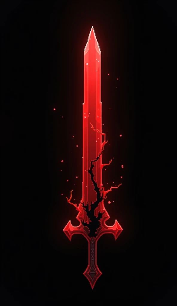 A sword projectile in the style of a pixel drawing, made of a solid blood crystal in which vessels of black void are present