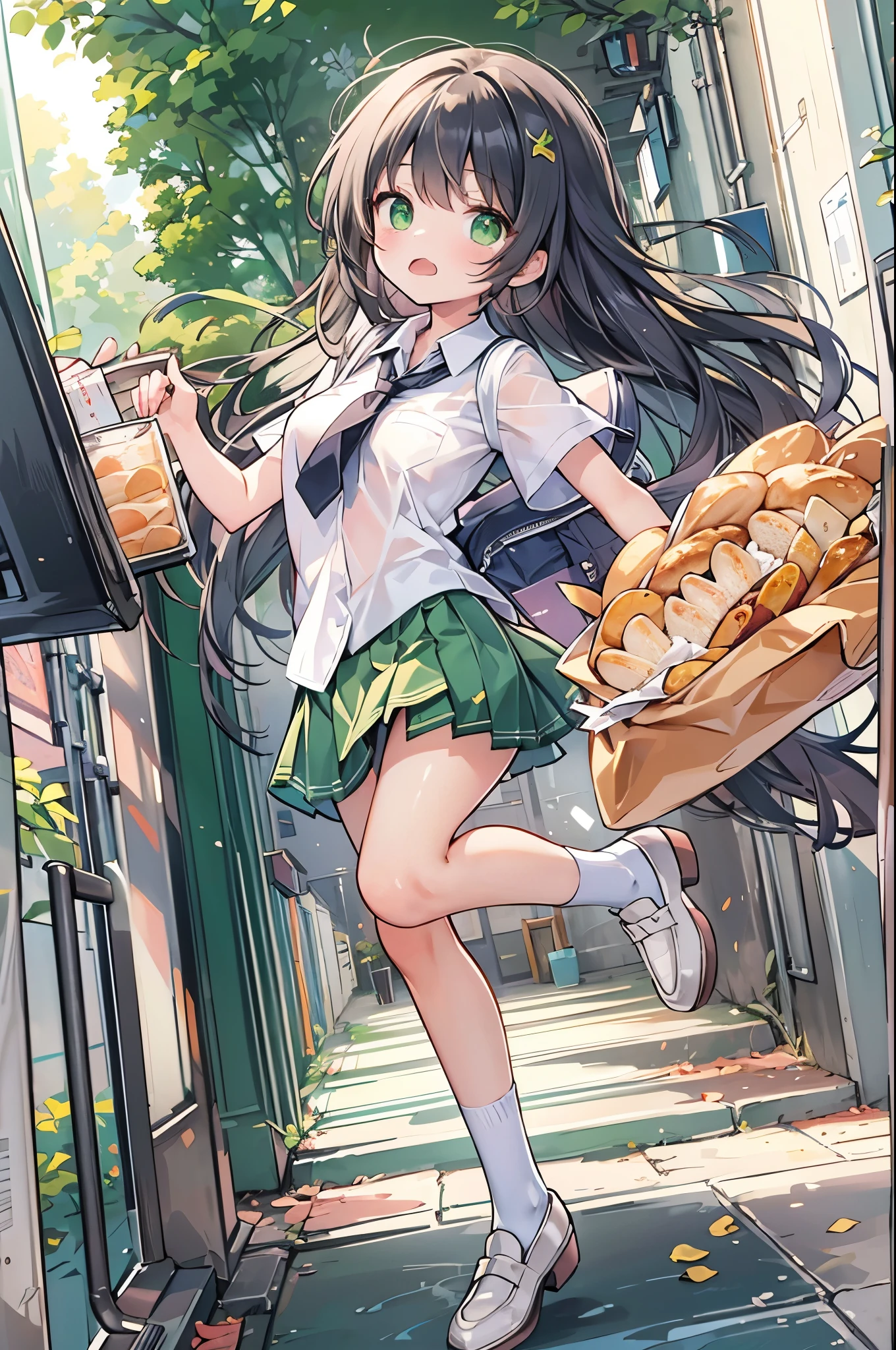 ((Highest quality, 8k, masterpiece: 1.3)), whole body,1 personの,1 person,,Glamorous Body,cute,Grim expression,Black Hair,Beautiful emerald green eyes,Long Hair,Put a loaf of bread in your mouth,Sprinting,Run,Landscape,((White short-sleeved blouse,tie)),((Green pleated mini skirt,loafers)),School zone,Carry a school bag,