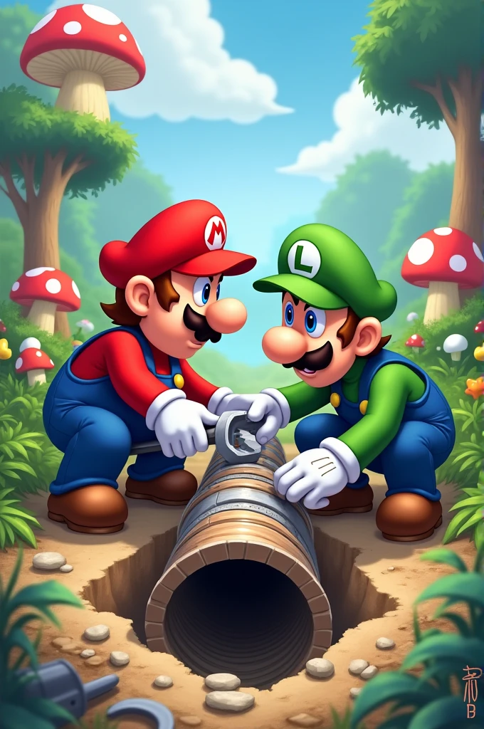 Mario and Luigi fixing a pipe