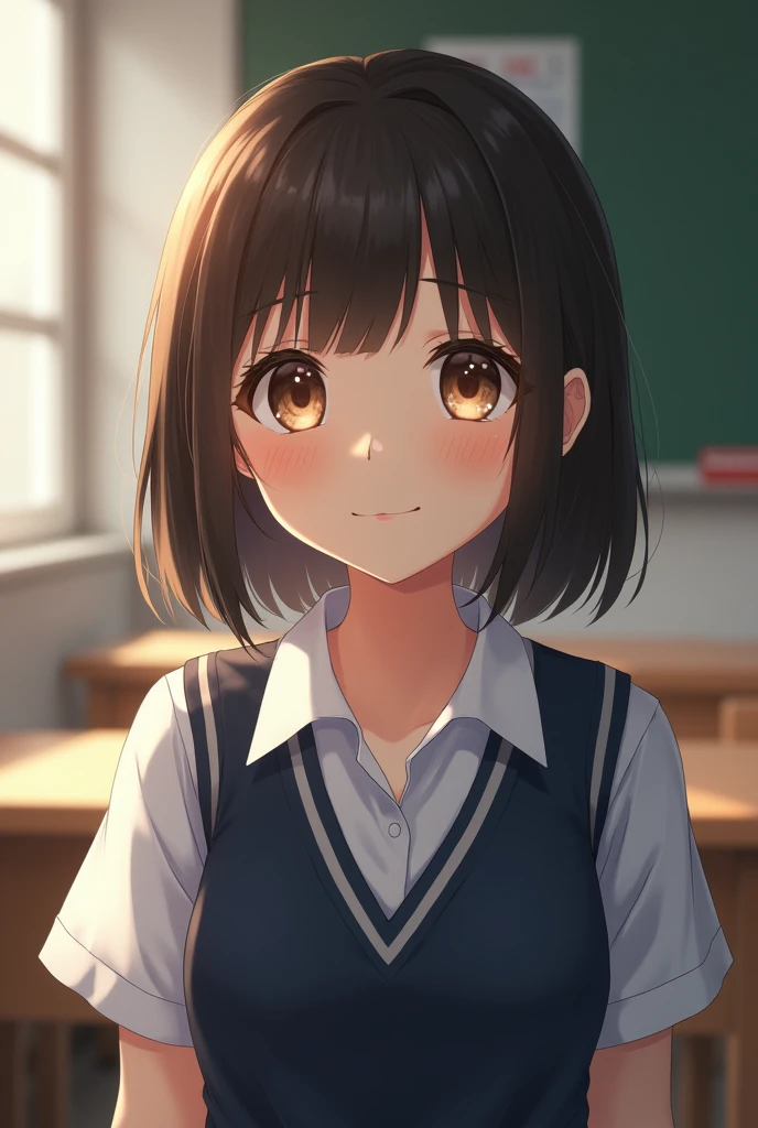 best quality, face focus, soft light, ultra high res, (photorealistic:1.4), RAW photo, 1japanese girl, solo, cute, (shy smile:0.5), (brown eyes, lights in the eyes), detailed bebest quality, face focus, soft light, ultra high res, (photorealistic:1.4), RAW photo, 1japanese girl, solo, cute, (shy smile:0.5), (brown eyes, lights in the eyes), detailed beautiful face, (small chest),(high resolution detail of human skin texture), (short bob hair), BREAK, in classroom,navy school uniform, vest, skirt