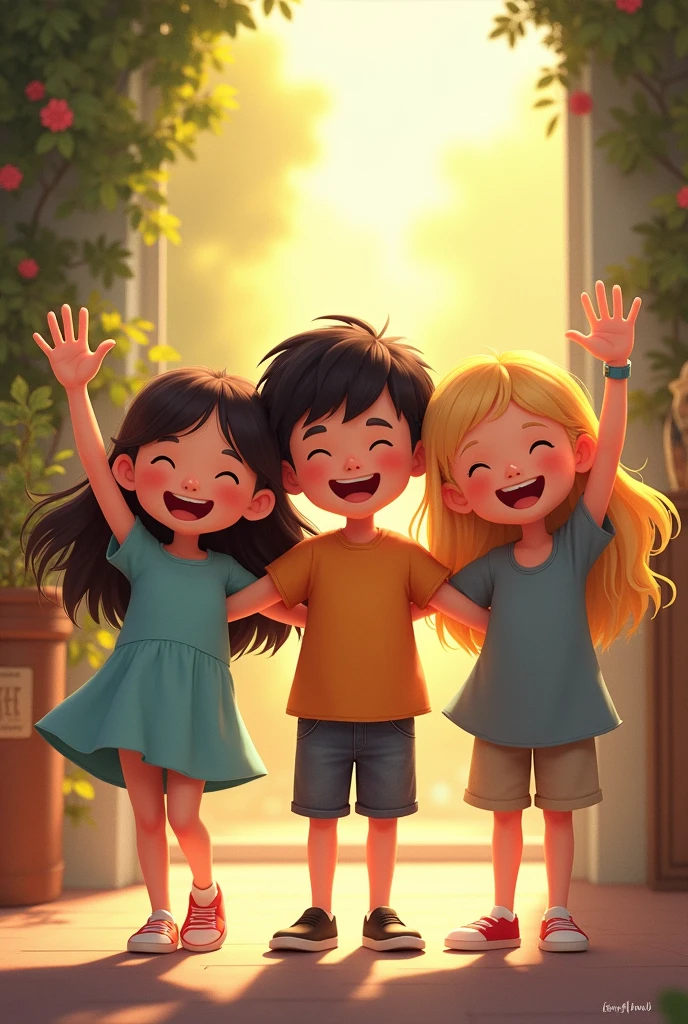 Three happy children saying goodbye One dark hair One blonde girl And one dark hair 