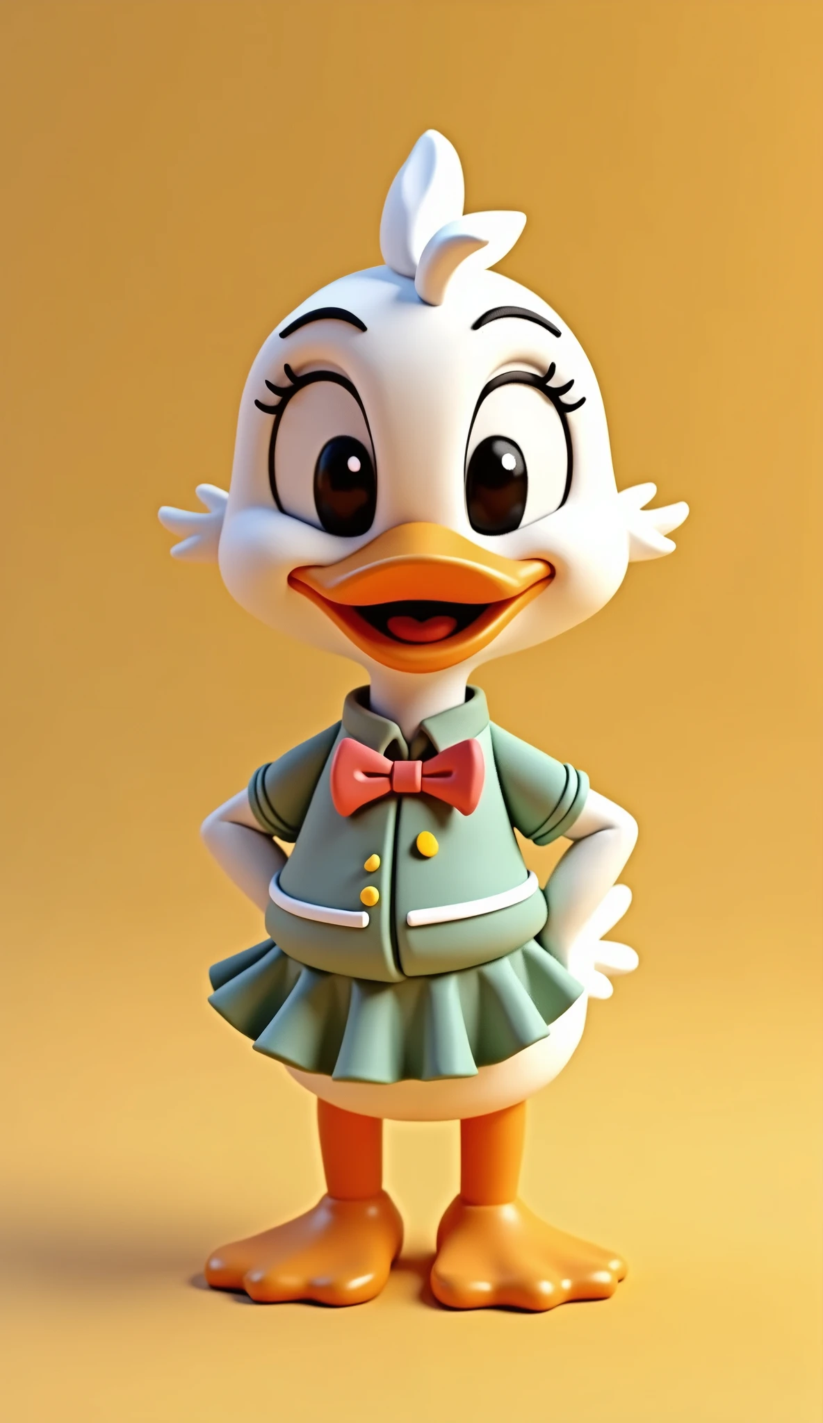 Perfect centering, Looking at the camera, a close up of a cartoon duck wearing a shirt with bowtie and a skirt, full body, happy, 3 d animation demo reel, 3d animation, 3 d animation, 3 d animated movie, 3d animated, 3 d animated, tv commercial, clay animation, cgi animation, cute! c4d, cute 3 d render, pixar 3 d animation style, 4 k, 3 d cartoon