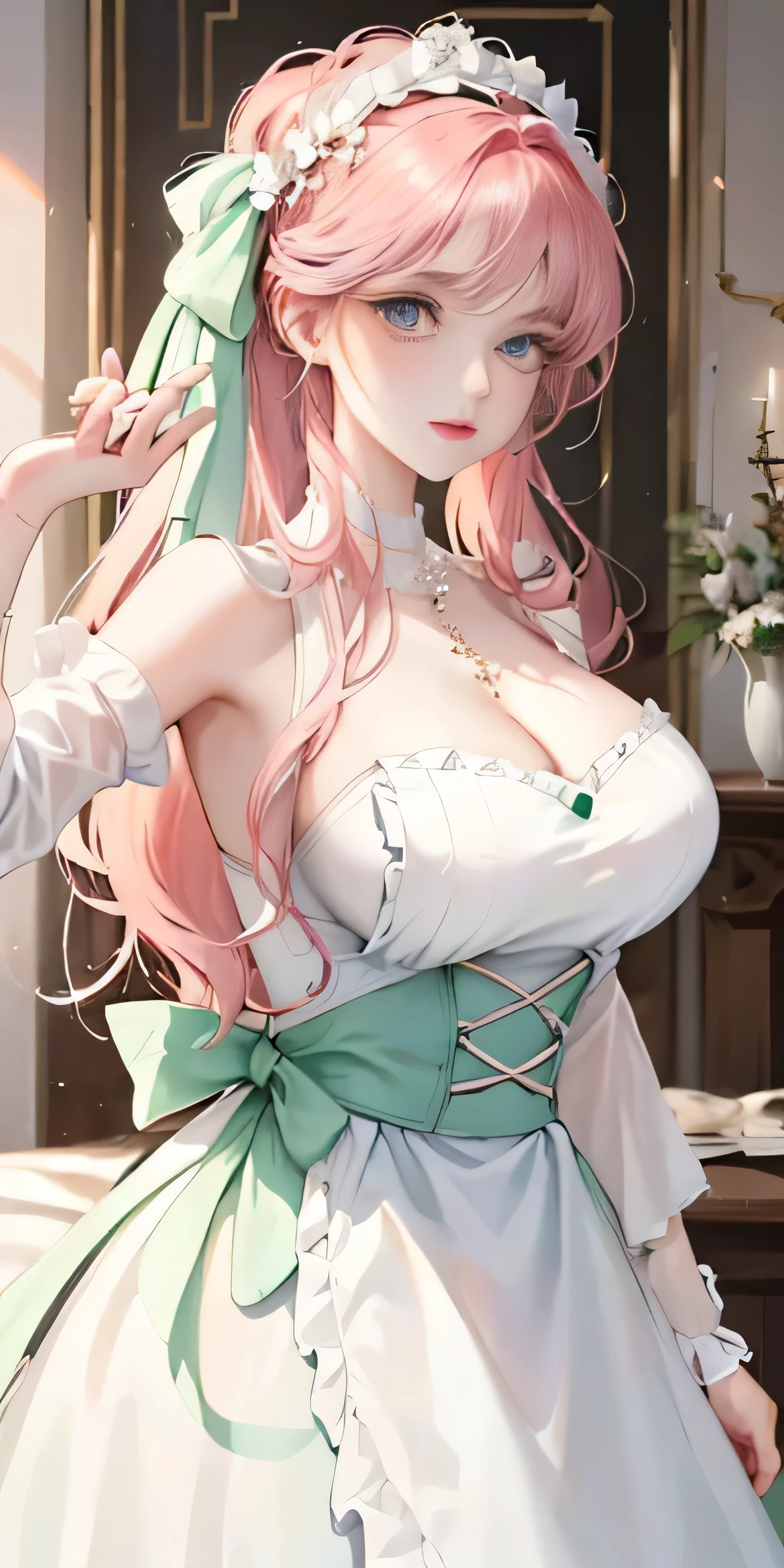 ((Head'artwork)), high quality, Very detailed, Green Hair + White clothes: 1.2, Sweet and delicate girl, Ball jointed doll, ta, Delicate facial lines, Perfect figure, Pearl-embellished face, Surrounding bubbles, Vivid and bright colors, Romantic long hair, Natural light, Warm and soft, Brown eyes, Gorgeous hair ornament.