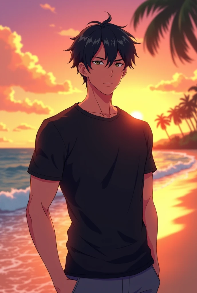 (Anime profile picture) Manjiro Sano at the beach wearing a black t-shirt with yuta okutso's hair. It is sunrise