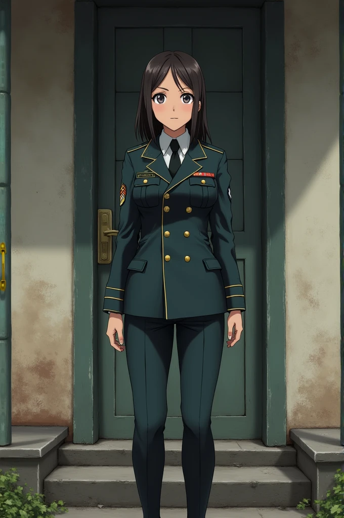 A military girl stands in front of the door of the house