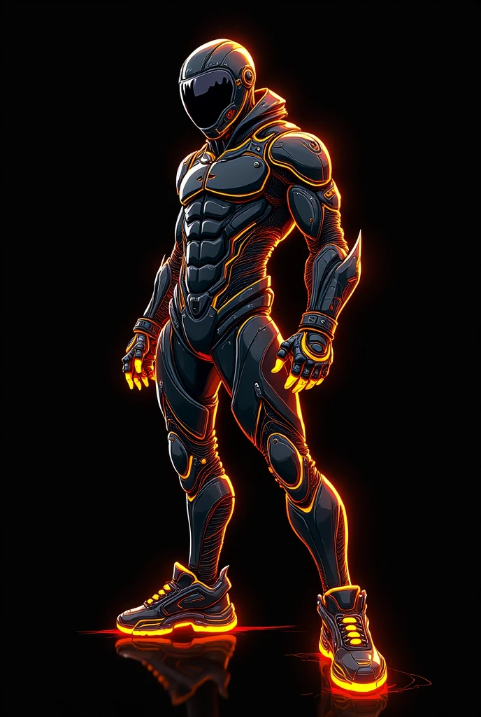  Cyberpunk anime illustration male full body in a dynamic lose, with neoen orange and black themed,  with pure black background in a helmet and a dynamic pose with perspective 