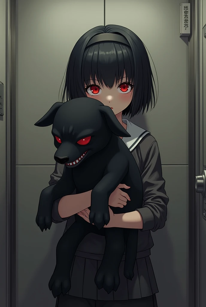 Anime girl with short black hair and red eyes, her bangs tied with a headband, 1, dressed like a boy, standing in an elevator, holding a scary black monster the size of a dog 
