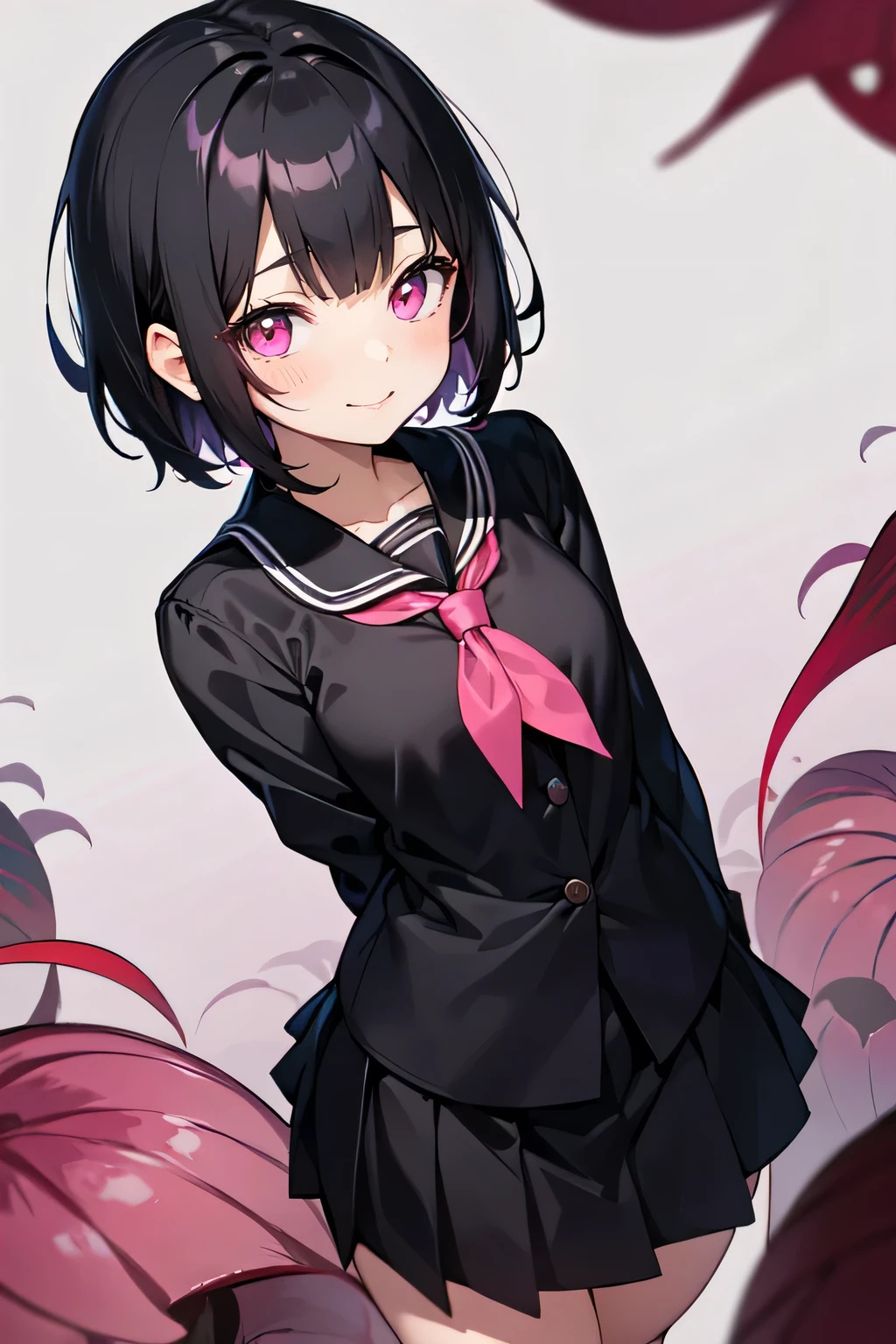 Short black hair、(Glowing pink eyes、Black blouse、school uniform:1.3)、Early teens、Mouth closed、smile、Short stature:1.2、Small breasts、cool、Anime Style、Carnivorous plants