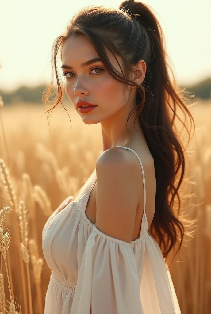 (masterpiece:1.4),, (best quality:1.4),, Ultra-high RES,, 8k, CG,, (extremely delicate and beautiful:1.2),, , Upper Body,, from the side,, looking at the audience,, , 1 girl,, alone,, Fashion girl,, Mature girl,, , Cute, Sweet,, , in the wheat field,, Blurred background,, , long brown hair,, ponytail,, , Brown eyes,, Keep your mouth shut,, red lips,, , Face blown by the wind,, , White dress,, Medium breasts,