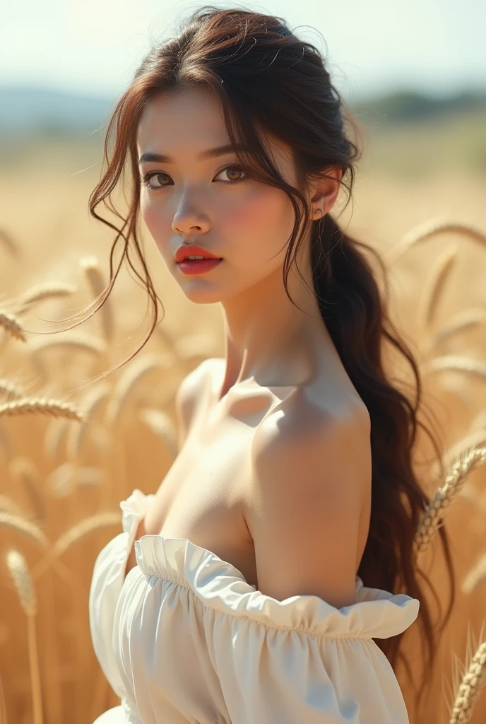 (masterpiece:1.4),, (best quality:1.4),, Ultra-high RES,, 8k, CG,, (extremely delicate and beautiful:1.2),, , Upper Body,, from the side,, looking at the audience,, , 1 girl,, alone,, Fashion girl,, Mature girl,, , Cute, Sweet,, , in the wheat field,, Blurred background,, , long brown hair,, ponytail,, , Brown eyes,, Keep your mouth shut,, red lips,, , Face blown by the wind,, , White dress,, Medium breasts,