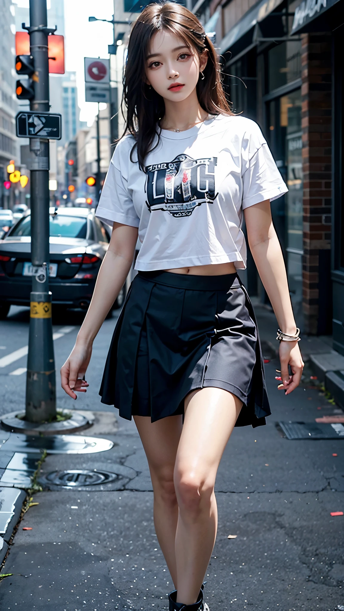 Realistic, High resolution, Soft Light, 1 Female, alone, Hip Up, Dynamic pose, Glowing Skin, jewelry, tattoo, Streetwear, T-Shirts, skirt