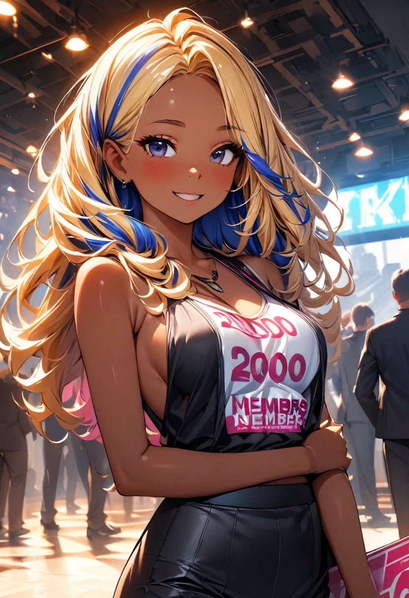 (highest quality:1.2, Very detailed, up to date, Vibrant, Ultra-high resolution, High Contrast, masterpiece:1.2, highest quality, Best aesthetics), Portraiture、girl、slim:1, Bright colors、Beautiful fine details、Beautiful lip detail、long hair, ((wavy hair:0.4))、messy hair, blonde and blue ((streaked hair:1.3)), highlights hair: 1.3, (medium breast:1), (tan skin:1.3), standing in party venue, holding big hand held sign (says "2000 members"\), happy, relaxing, cowboy shot,