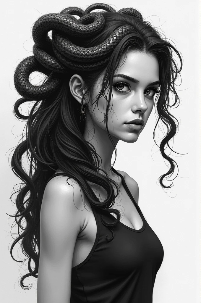 Black and white drawing of a girl in her teens who looks like medusa but with NORMAL hair while looking to the side