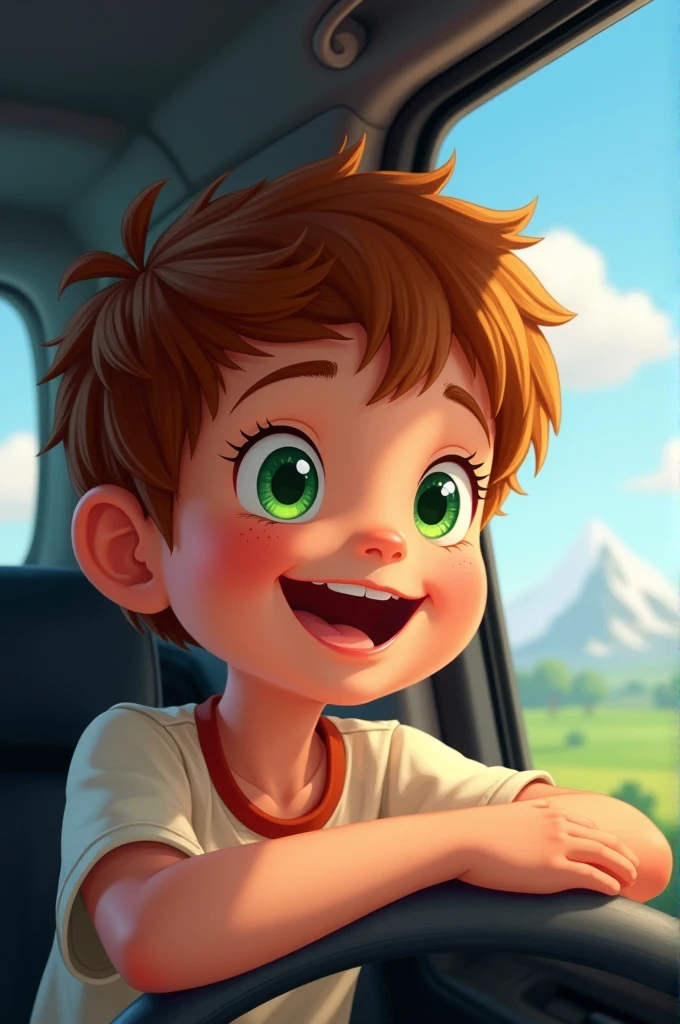Drawing of a boy looking through a car window happy with green eyes, brown hair and nice round cheeks