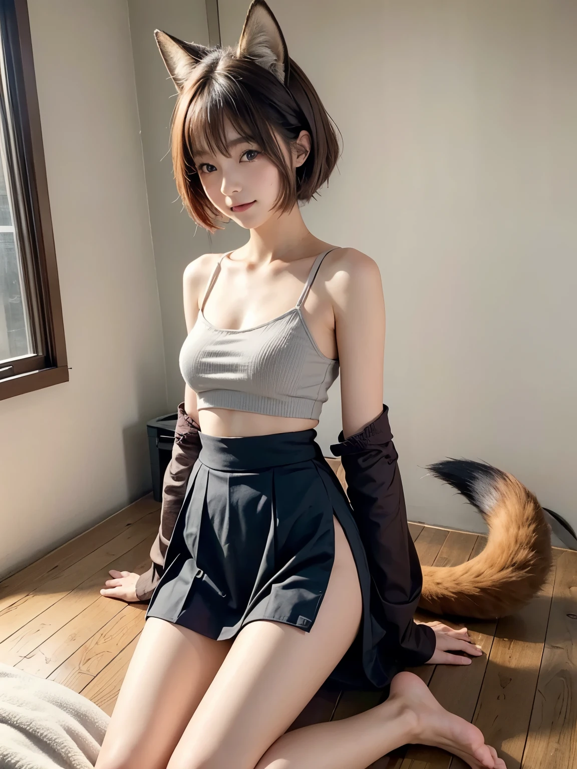 ((Highest quality, 32K)), ((masterpiece)), (Familiar), Perfect Face, Fox Girl, pretty girl, On the bed, Has a tail, She has a red fox tail..., She stands up her fluffy tail, Beautiful hip line, Small breasts, She is wearing underwear, A small tail sticks out, Climbing on all fours, Slender body, Embarrassing, Lift up your miniskirt and show off your tail, There is a tail under the skirt、The tail is sticking out from inside the skirt.