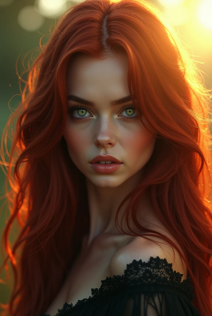 a one woman, A witch, with long dark red hair, fair skin with sun rays and greenish eyes