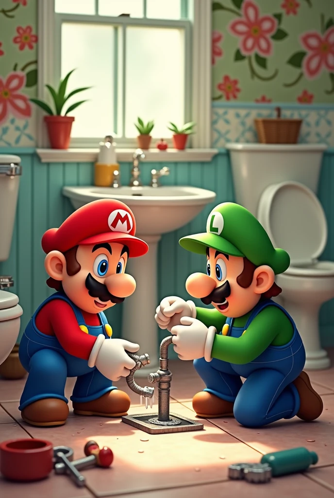 Mario and Luigi fixing a pipe in the bathroom
