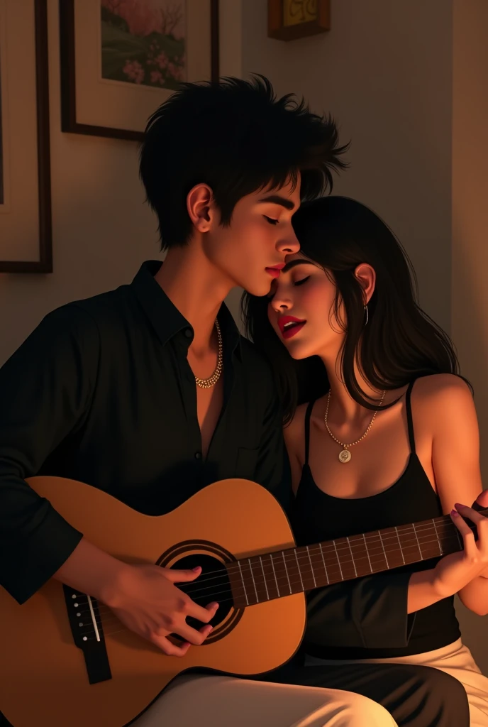 A boy with a guitar and a girl beside him laying her head on the boy's shoulder and singing  in a bedroom the boy is wearing black colour kurta and gold chain in his neck and the girl is wearing black colour crop top 