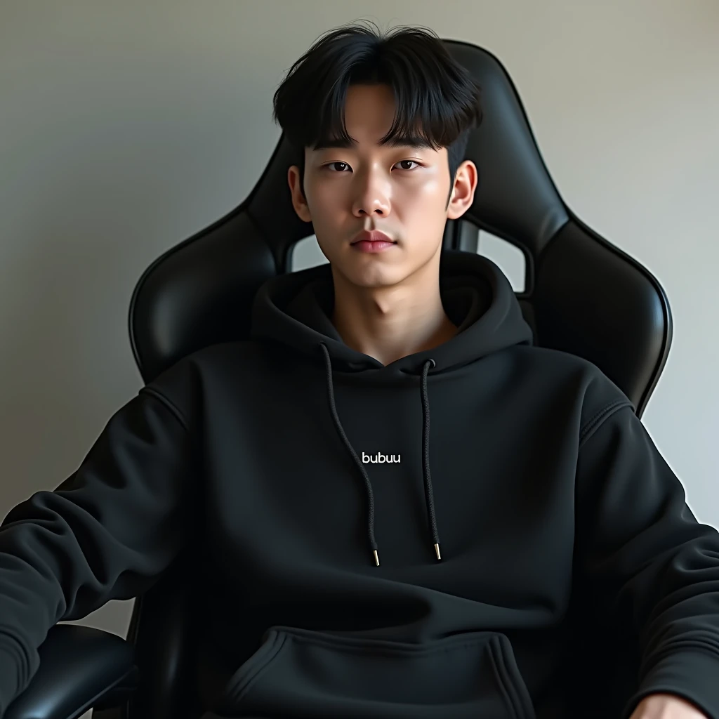 A handsome Korean man sitting on a gaming chair wearing a black polite hoodie , with name on hoodie " BUBUU "