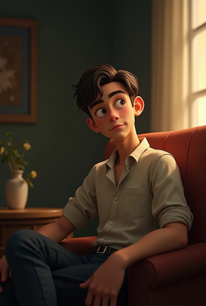 I want a picture of a cartoon young man from the old days who is wise from the fictional characters, a young man sitting on a chair in a quiet room with low lighting and being realistic 