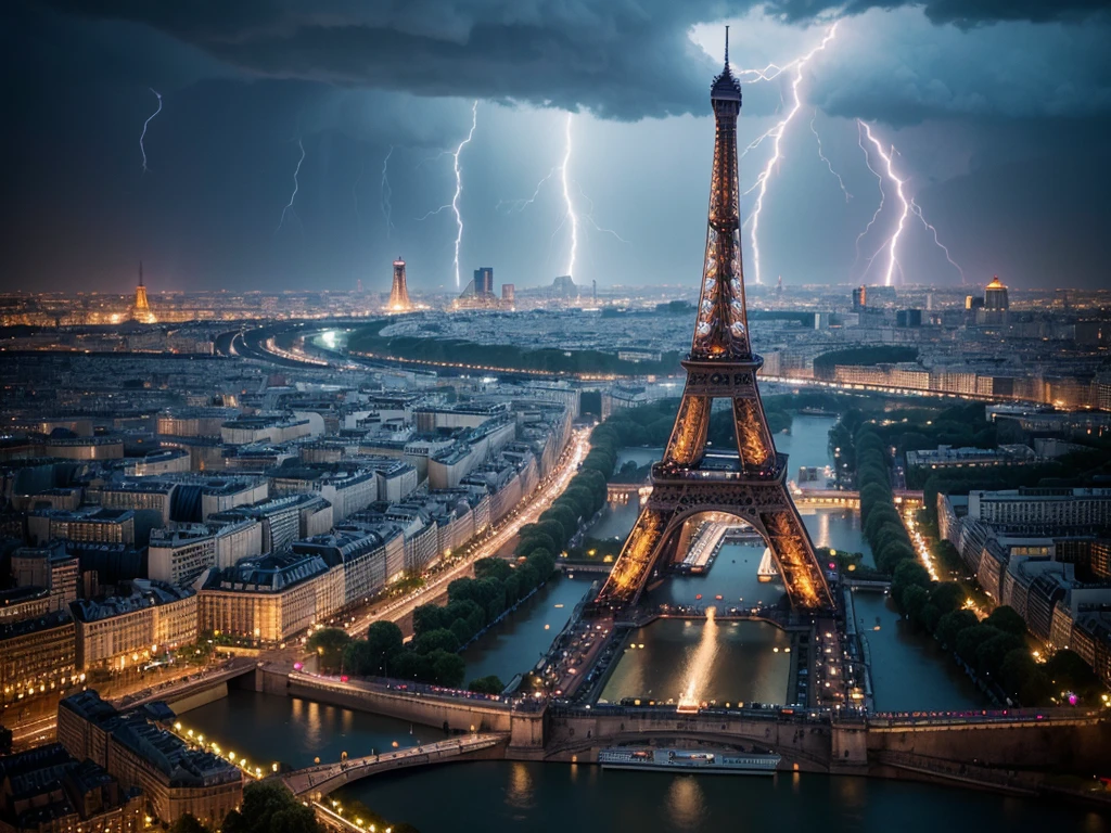 Create realistic images, high angle shots, the Eiffel Tower is flooded, the sky is dark, there is lightning.