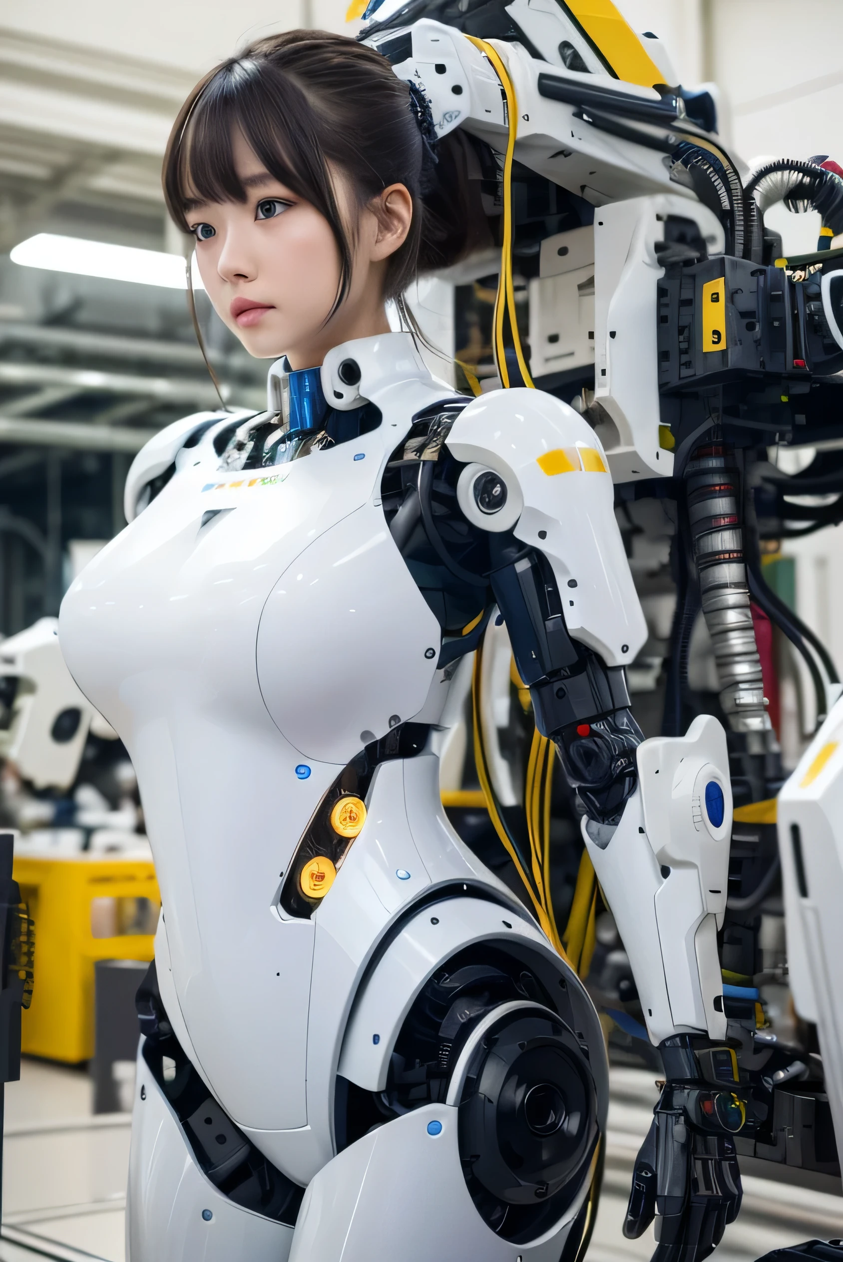 masterpiece, best quality, extremely detailed, Japaese android girl,Plump , control panels,android,Droid,Mechanical Hand, Robot arms and legs, Black hair,Blunt bangs,perfect robot girl,long tube,thick cable connected her neck,android,robot,humanoid,cyborg,japanese cyborg girl ,robot-assembly plant,She is assembling now,assembly scene