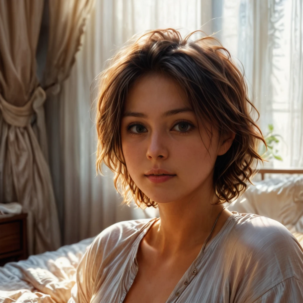 anikaxxx, ultra-realistic, woman waking up in bed, soft morning light, short t-shirt, disheveled hair, natural beauty, sunlight filtering through curtains, comfortable bed, highly detailed skin, photorealistic.