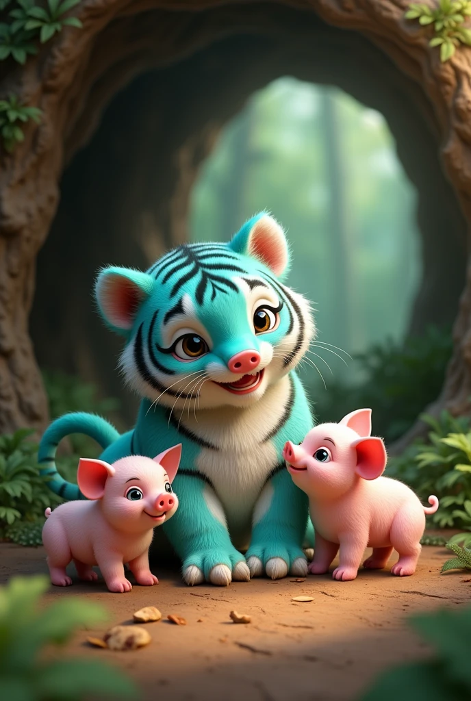 a cute and adorable tiffany green tiger, caring for a litter of baby pigs in a forest cave, smiling happily, hyper realistic, detailed, 8k, photorealistic, masterpiece, vibrant colors, natural lighting, intricate details, furry texture, forest background, cave interior, warm tones, cinematic composition