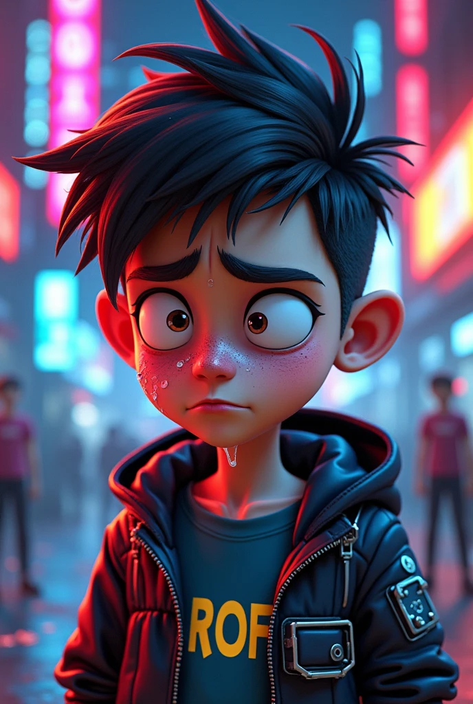 Cyberpunk style animated boy with the name ROFI written on his shirt is sick with flu and mucus coming out of his nose