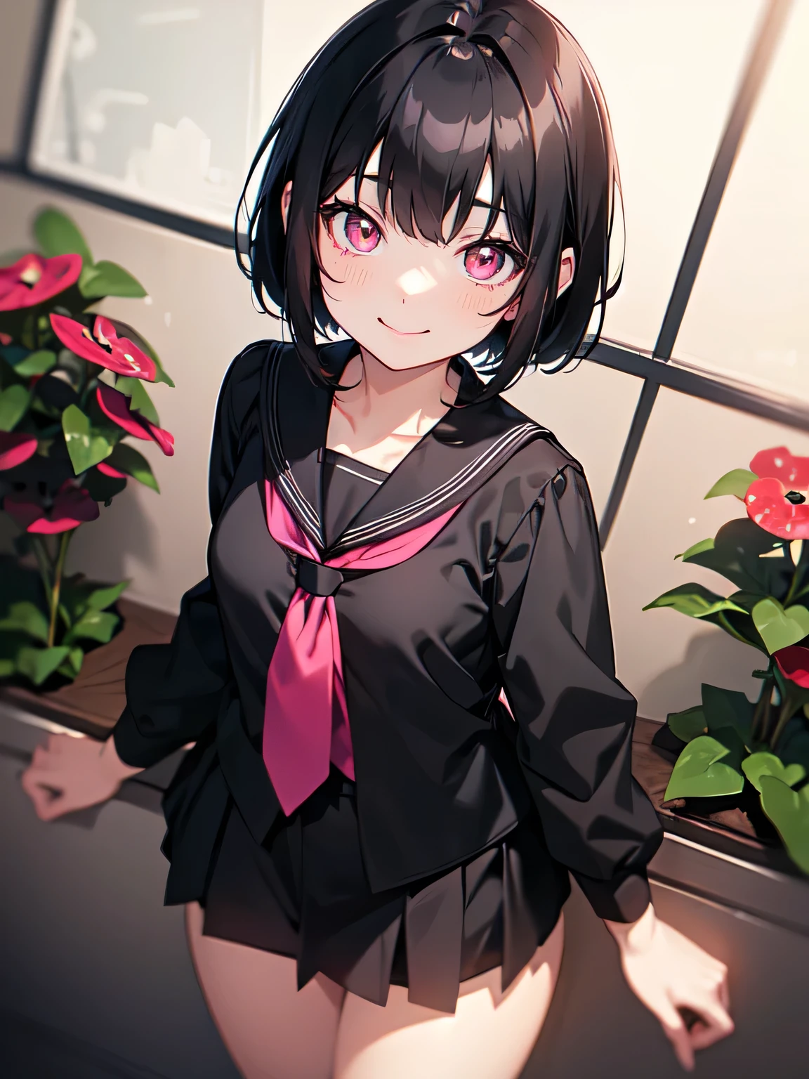 Short black hair、(Glowing pink eyes、Black blouse、school uniform:1.3)、Early teens、Mouth closed、smile、Short stature:1.2、Small breasts、Anime Style、Carnivorous plants:1.1